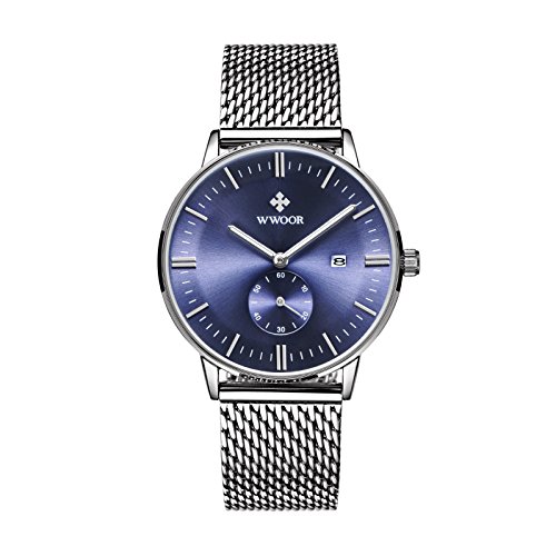 XLORDX Luxus Analog Quartz Datum Ultra duenn Edelstahl Mesh Band Uhren Blau