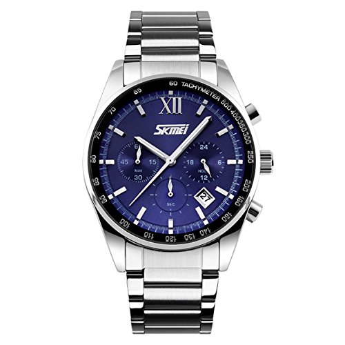 XLORDX SKMEI Datum Analog Quarz Mode Sport Uhr mit Edelstahl Armband Blau