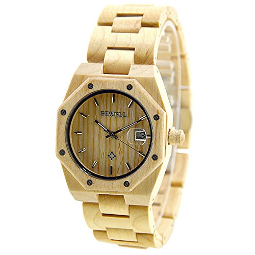 XLORDX Holzuhr Herren Beige Datum Armbanduhr aus Holz Freund Ehemann Geschenk Gift Watch