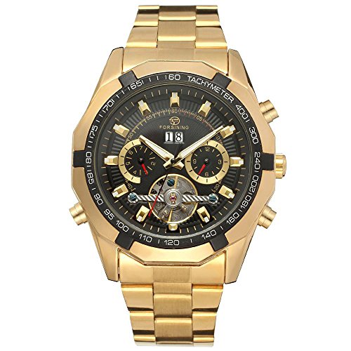 XLORDX Luxus Herren Datum Mechanische Automatik Uhr Skelett Gold Edelstahl Armbanduhr Sportuhr Schwarz