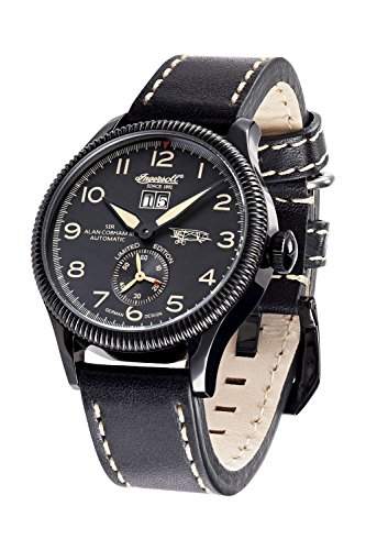 Ingersoll Armbanduhr Herrenuhr Automatik Sir Alan Cobham 3 - Analoge Uhr mit Datum, schwarzem Lederarmband und schwarzem Zifferblatt - 50m5atm - IN3108BBKO