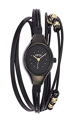 Opex X2345LA2 Damen-Armbanduhr, Quarzwerk mit Analoganzeige, schwarzes Zifferblatt, Armband aus Leder, Schwarz