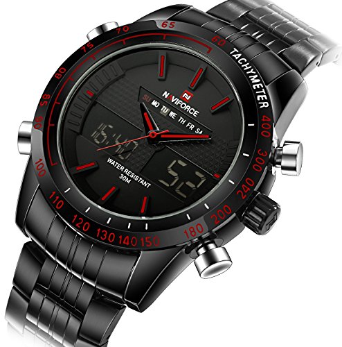 Affute Men Quartz Watches Full Steel Chronograph Hour Clock Analog Digital LED Readable Watch Sports Military Watch