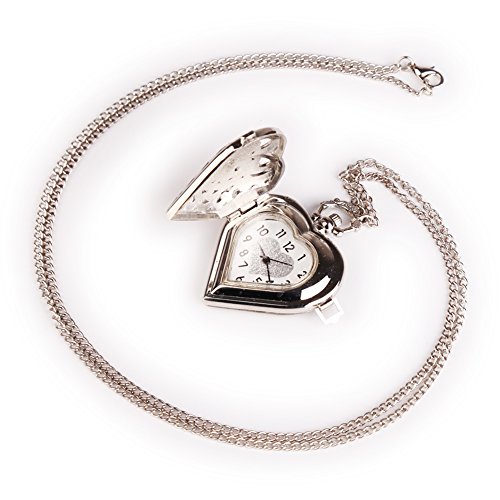 DragonPad Damen Taschenuhr Uhr mit Kette Kettenuhr Umhaengeuhr Halskette Herz Silber