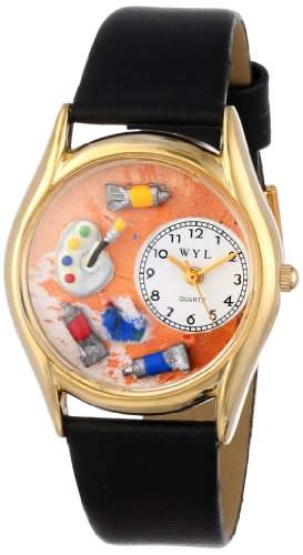 Drollige Uhren Kuenstler schwarz Leder und goldfarbener Unisex Quartz-Uhr mit weissem Zifferblatt Analog-Anzeige und C-0410001 Mehrfarbige Lederband