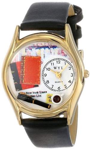 Drollige Uhren Book Lover schwarz Leder und goldfarbener Unisex Quartz-Uhr mit weissem Zifferblatt Analog-Anzeige und C-0450003 Mehrfarbige Lederband