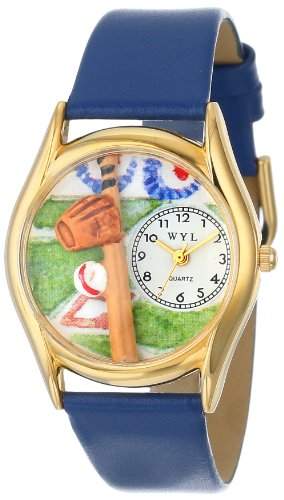 Skurril Uhren Baseball Royal Blau Leder und goldfarbenes Unisex Quarzuhr mit weissem Zifferblatt Analog-Anzeige und-Lederband c-0820004