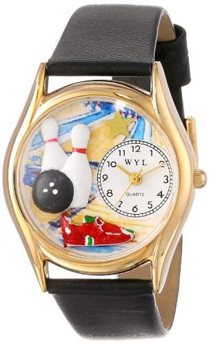 Drollige Uhren Bowling schwarz Leder und goldfarbener Unisex Armbanduhr Analog Leder C-0820017