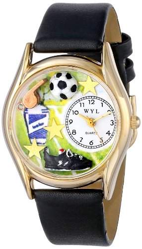 Drollige Uhren Soccer schwarz Leder und goldfarbener Unisex Armbanduhr Analog Leder C-0820020
