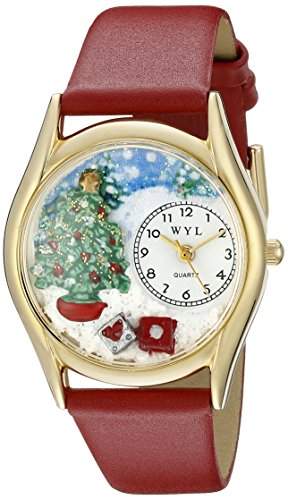 Drollige Uhren Weihnachtsbaum rot Leder und goldfarbener Unisex Quartz-Uhr mit weissem Zifferblatt Analog-Anzeige und C-1220001 Mehrfarbige Lederband