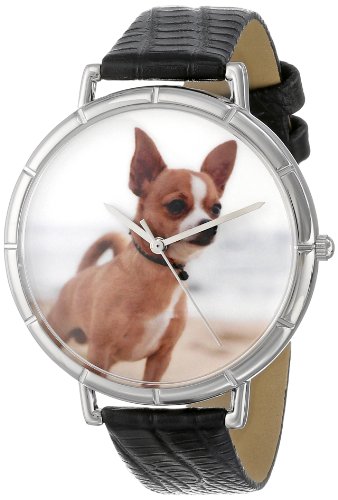Skurril Uhren Chihuahua schwarzem Leder und Silvertone Foto Unisex Quarzuhr mit weissem Zifferblatt Analog Anzeige und Lederband t 0130023