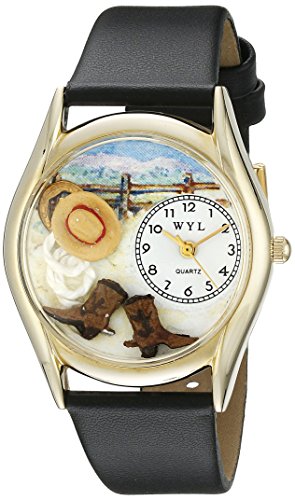 Drollige Uhren Ranch schwarz Leder und goldfarbener Unisex Armbanduhr Analog Leder C 0110005