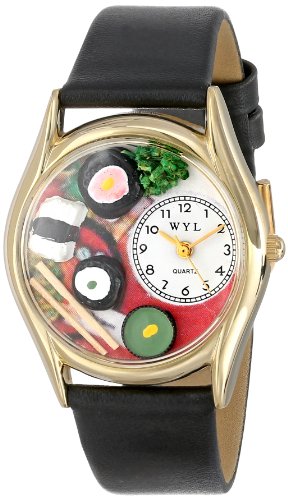 Drollige Uhren Sushi schwarz Leder und goldfarbener Unisex Armbanduhr Analog Leder C 0310012