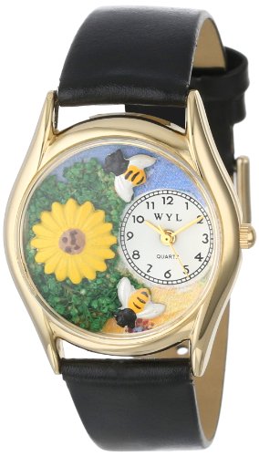 Drollige Uhren Sunflower schwarz Leder und goldfarbener Unisex Armbanduhr Analog Leder C 1211002