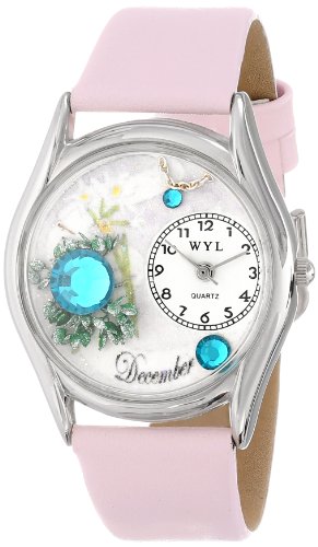 Drollige Uhren Dezember Geburtsstein Pink Leder Silvertone Unisex Quartz Uhr mit weissem Zifferblatt Analog Anzeige und S 0910012 Mehrfarbige Lederband