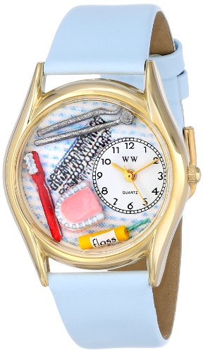 Drollige Uhren Zahnarzt Babyblau Leder und goldfarbener Unisex Armbanduhr Analog Leder C 0610004