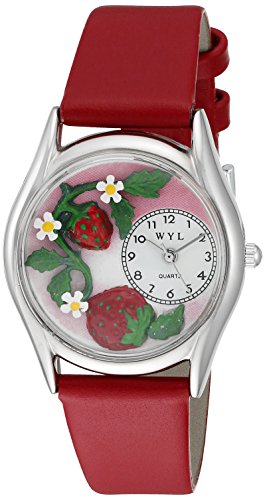 Skurril Uhren Erdbeeren rot Leder und Silvertone Unisex Quarzuhr mit weissem Zifferblatt Analog Anzeige und Lederband s 1210006