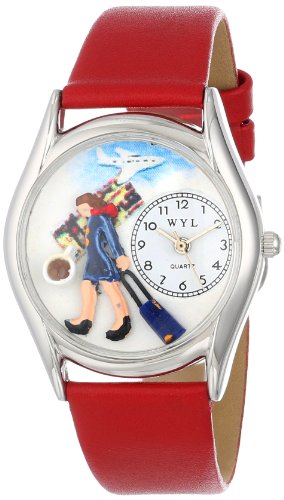 Drollige Uhren Flugbegleiter Rot Leder Silvertone Unisex Quartz Uhr mit weissem Zifferblatt Analog Anzeige und S 0630004 Mehrfarbige Lederband