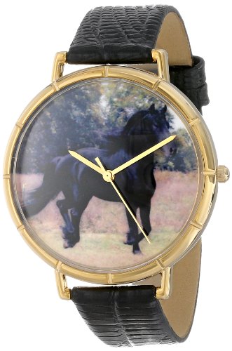Drollige Uhren Friese Pferde Tiere Haustiere Schwarz und goldfarben Unisex Quartz Uhr mit weissem Zifferblatt Analog Anzeige und N 0110025 Mehrfarbige Lederband