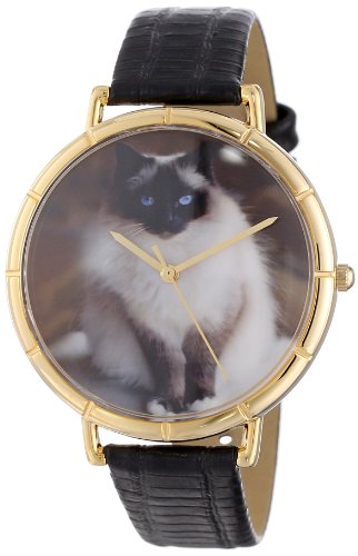 Drollige Uhren Birman Cat Schwarz und goldfarben Unisex Quartz Uhr mit weissem Zifferblatt Analog Anzeige und N 0120027 Mehrfarbige Lederband
