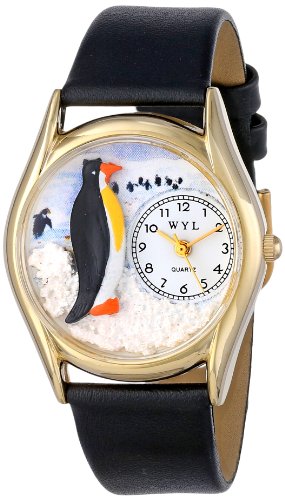 Drollige Uhren Pinguin schwarz Leder und goldfarbener Unisex Quartz Uhr mit weissem Zifferblatt Analog Anzeige und C 0140010 Mehrfarbige Lederband