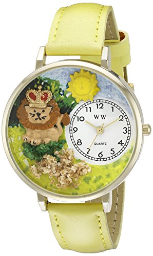 Drollige Uhren Lion Yellow Leder und goldfarbener Unisex Quartz Uhr mit weissem Zifferblatt Analog Anzeige und G 1610006 Mehrfarbige Lederband