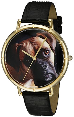 Skurril Uhren Boxer schwarz Leder und goldfarbenes Foto Unisex Quarzuhr mit weissem Zifferblatt Analog Anzeige und Lederband n 0130014