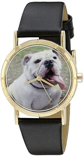 Skurril Uhren Bulldog schwarzem Leder und goldfarbenes Foto Unisex Quarzuhr mit weissem Zifferblatt Analog-Anzeige und-Lederband p-0130018