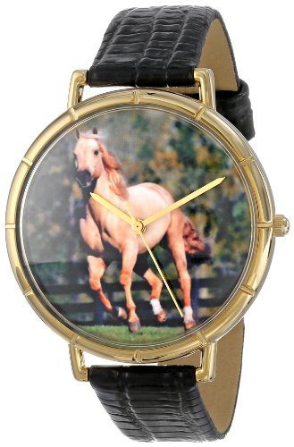 Skurril Uhren Quarter Horse schwarzem Leder und goldfarbenes Foto Unisex Quarzuhr mit weissem Zifferblatt Analog Anzeige und Lederband n 0110030