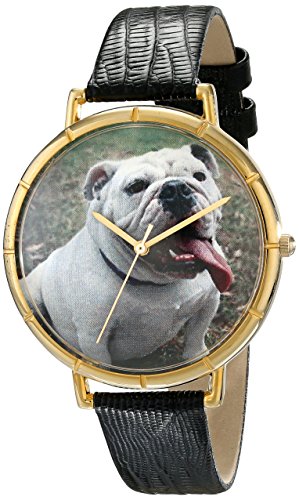 Skurril Uhren Bulldog schwarzem Leder und goldfarbenes Foto Unisex Quarzuhr mit weissem Zifferblatt Analog Anzeige und Lederband n 0130018