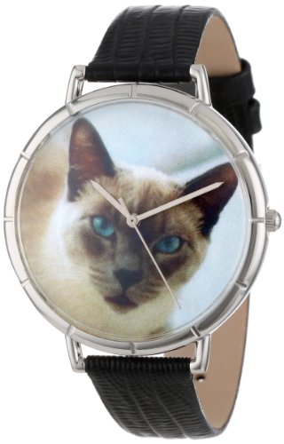 Skurril Uhren Siamese Cat schwarzem Leder und Silvertone Foto Unisex Quarzuhr mit weissem Zifferblatt Analog Anzeige und Lederband t 0120055