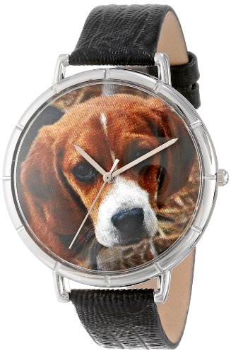 Skurril Uhren Beagle schwarzem Leder und Silvertone Foto Unisex Quarzuhr mit weissem Zifferblatt Analog Anzeige und Lederband t 0130007