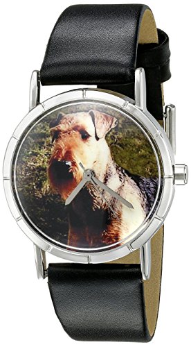 Skurril Uhren Airedale Terrier schwarzem Leder und Silvertone Foto Unisex Quarzuhr mit weissem Zifferblatt Analog Anzeige und Lederband r 0130079