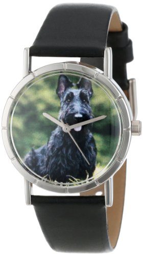 Lustige Uhr mit Hund Scottie Schwarz silberfarben Unisex Quartz Uhr mit weissem Zifferblatt Analog Anzeige und R 0130067 Mehrfarbige Lederband