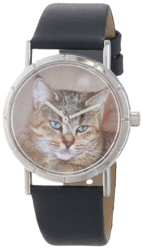 Drollige Uhren Pixie Bob Katze schwarz Leder Silvertone Unisex Quartz Uhr mit weissem Zifferblatt Analog Anzeige und R 0120053 Mehrfarbige Lederband