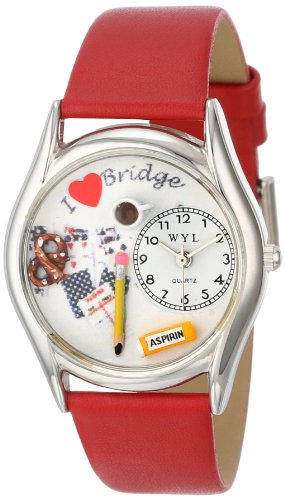 Drollige Uhren Bridge Rot Leder Silvertone Unisex Quartz Uhr mit weissem Zifferblatt Analog Anzeige und S 0430005 Mehrfarbige Lederband