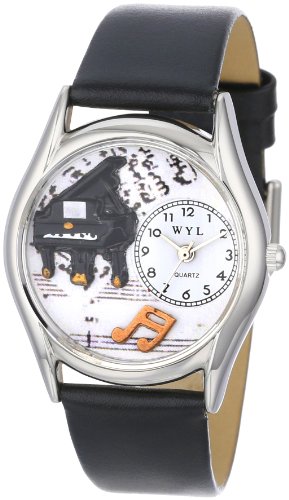 Drollige Uhren Musik Piano schwarz Leder Silvertone Unisex Quartz Uhr mit weissem Zifferblatt Analog Anzeige und S 0510001 Mehrfarbige Lederband
