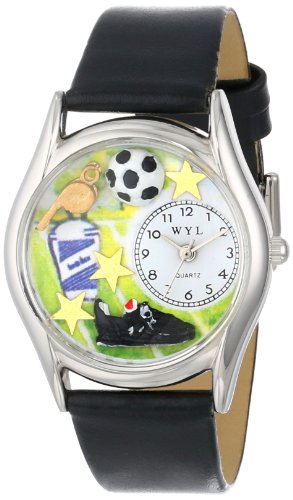 Drollige Uhren Soccer schwarz Leder Silvertone Unisex Quartz Uhr mit weissem Zifferblatt Analog Anzeige und S 0820020 Mehrfarbige Lederband
