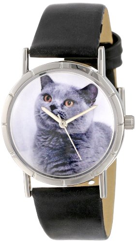 Skurril Uhren Russisch Blau Katze schwarz Leder und Silvertone Foto Unisex Quarzuhr mit weissem Zifferblatt Analog Anzeige und Lederband r 0120029