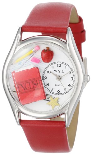 Skurril Uhren English Teacher rot Leder und Silvertone Unisex Quarzuhr mit weissem Zifferblatt Analog Anzeige und Lederband s 0640008