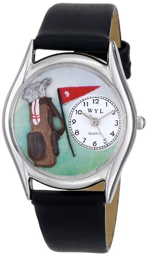 Skurril Uhren Golf Bag Schwarz Leder und Silvertone Unisex Quarzuhr mit weissem Zifferblatt Analog Anzeige und Lederband s 0820010