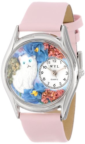 Skurrile Katze Uhren Weiss Pink und silberfarben Unisex Armbanduhr Analog Leder S 0120002