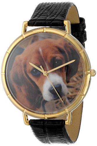 Uhren Leder Motiv Beagle Schwarz und goldfarben Unisex Quartz Uhr mit weissem Zifferblatt Analog Anzeige und N 0130007 Mehrfarbige Lederband