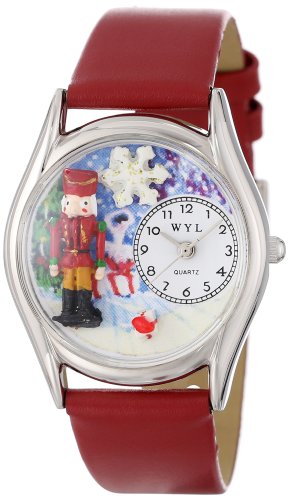 Drollige Uhren Nussknacker rot Leder Silvertone Unisex Quartz Uhr mit weissem Zifferblatt Analog Anzeige und S 1220007 Mehrfarbige Lederband