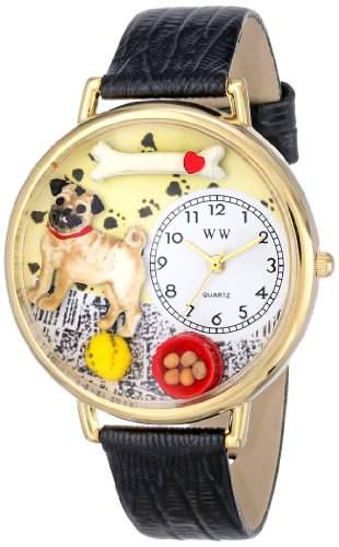 Whimsical Watches Unisex-Armbanduhr Pug Black Skin Leather And Goldtone Watch #G0130061 Analog Leder Mehrfarbig G-0130061