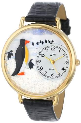 Suesse Pinguin Schwarz Uhren Leder und goldfarbener Unisex Quartz-Uhr mit weissem Zifferblatt Analog-Anzeige und G-0140006 Mehrfarbige Lederband