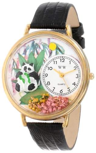 Whimsical Watches Unisex-Armbanduhr Panda Bear Black Skin Leather And Goldtone Watch #G0150017 Analog Leder Mehrfarbig G-0150017