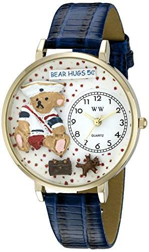 Whimsical Watches Unisex-Armbanduhr Teddy Bear Hugs Royal Blue Leather And Goldtone Watch #G0230002 Analog Leder mehrfarbig G-0230002