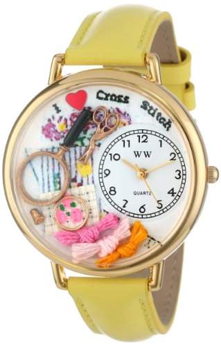 Whimsical Watches Unisex-Armbanduhr Cross Stitch Yellow Leather And Goldtone Watch #G0450010 Analog Leder Mehrfarbig G-0450010