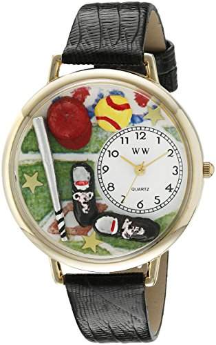 Drollige Uhren Softball schwarz Leder und goldfarbener Unisex Quartz-Uhr mit weissem Zifferblatt Analog-Anzeige und G-0820022 Mehrfarbige Lederband